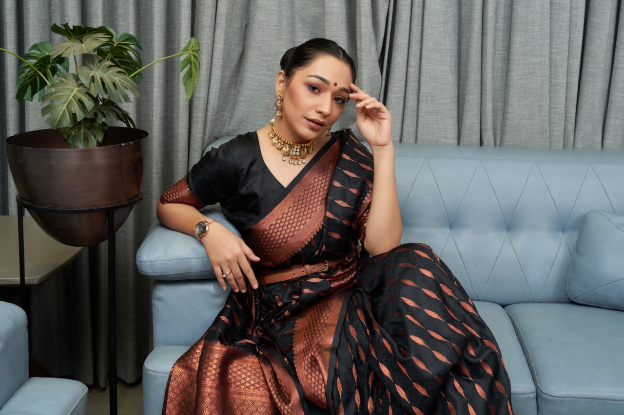 Admirable Black Soft Silk Saree With Beleaguer Blouse Piece
