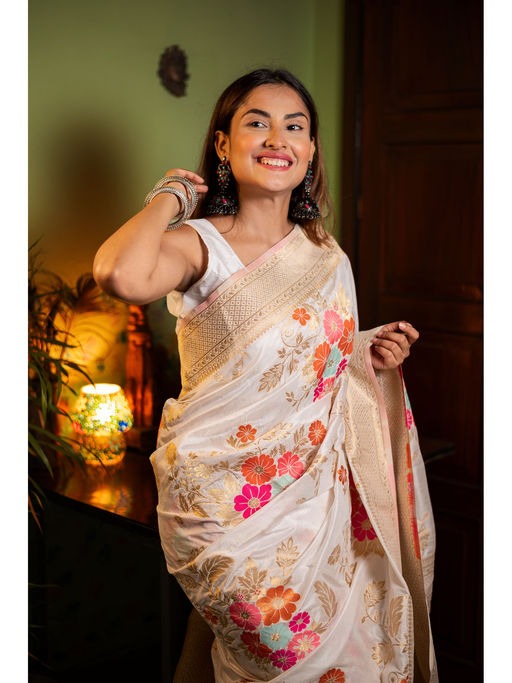 Classic Beige Soft Banarasi Silk Saree With Blissful Blouse Piece