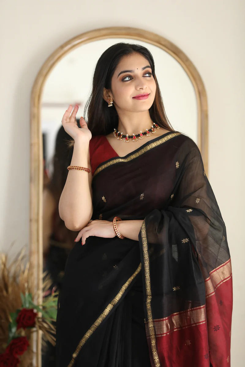 Admirable Black Cotton Silk Saree With Beleaguer Blouse Piece