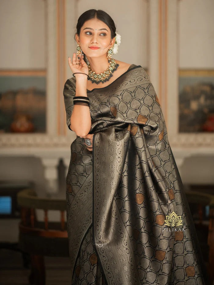 Angelic Black Soft Silk Saree With Exceptional Blouse Piece