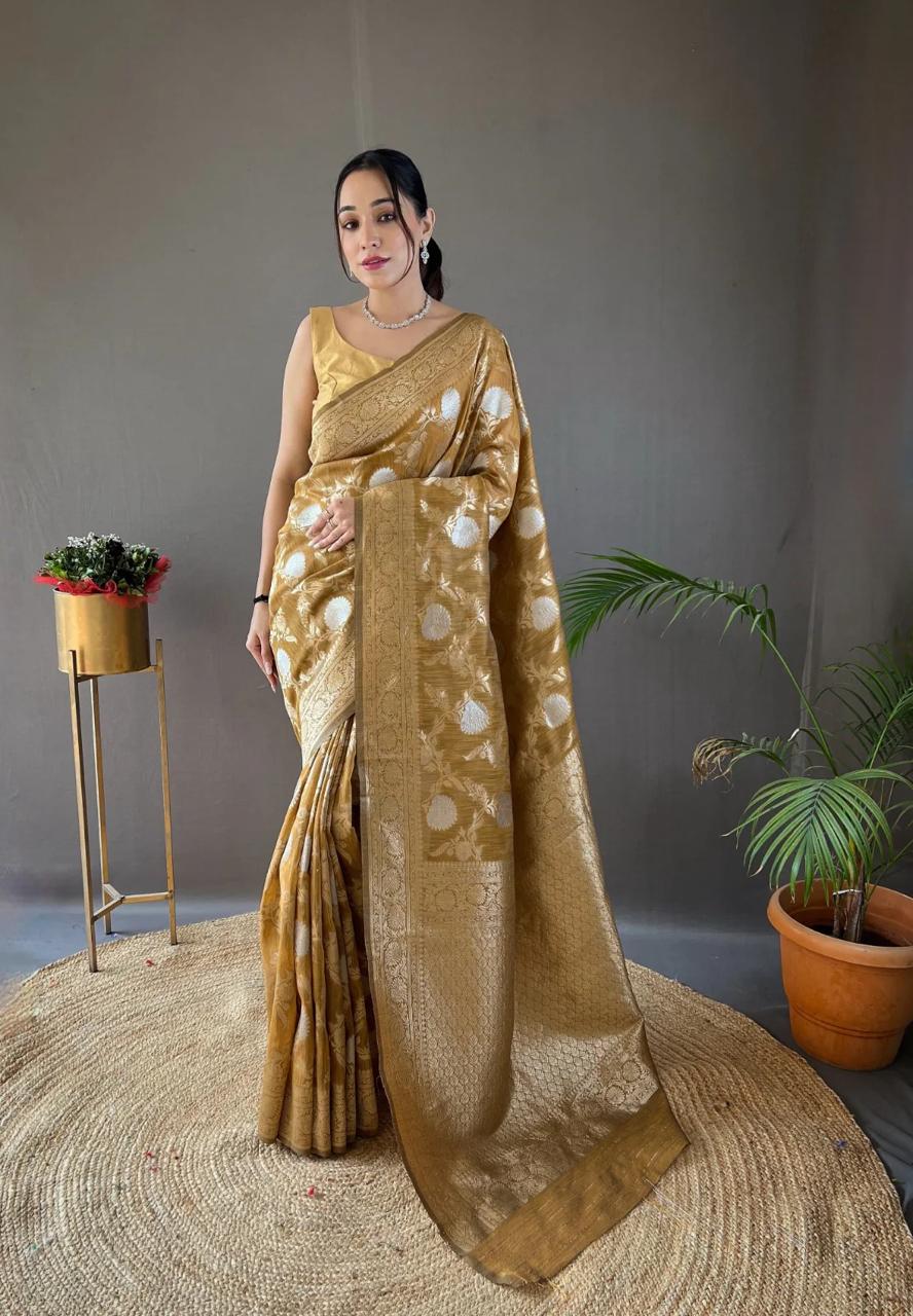 Twirling Mustered Soft Silk Saree With Ailurophile Blouse Piece