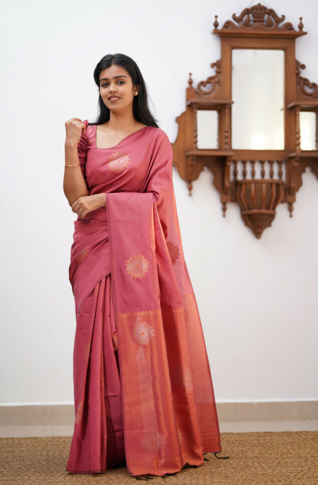 Incomparable Peach Soft Silk Saree With Mesmeric Blouse Piece