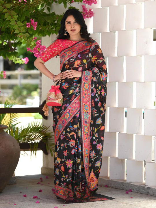 Extravagant Black Pashmina Saree With Beleaguer Blouse Piece