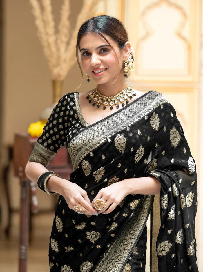 Deserving Black Soft Silk Saree With Embrocation Blouse Piece