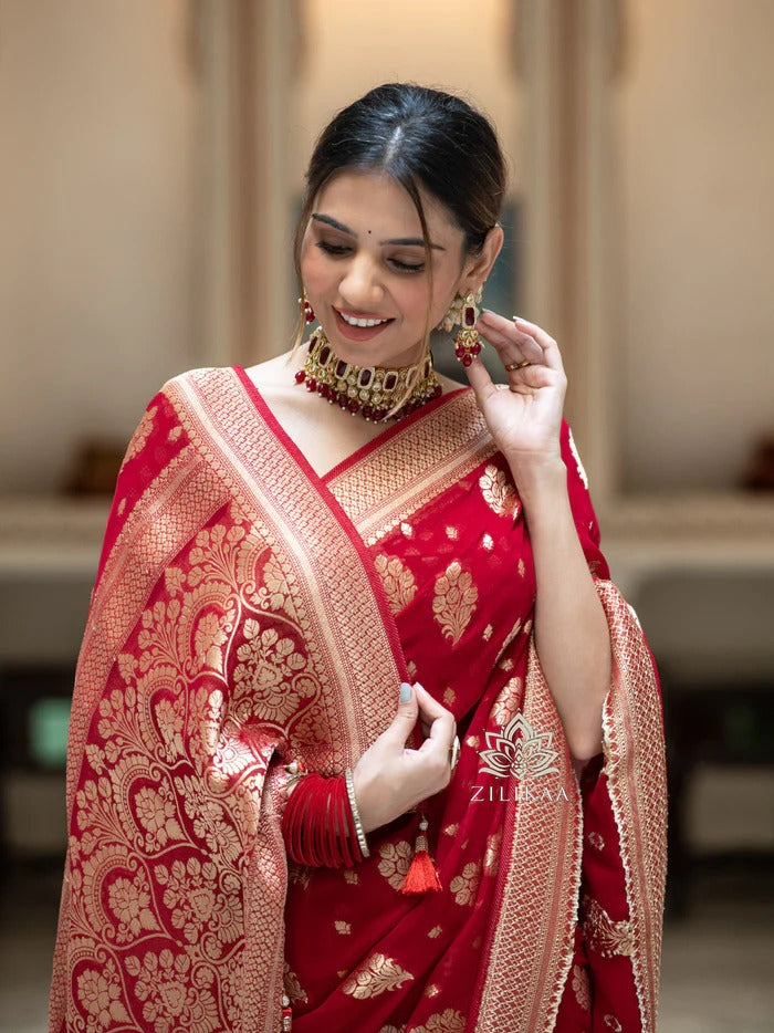 Prettiest Red Soft Silk Saree With Most Surreptitious Blouse Piece