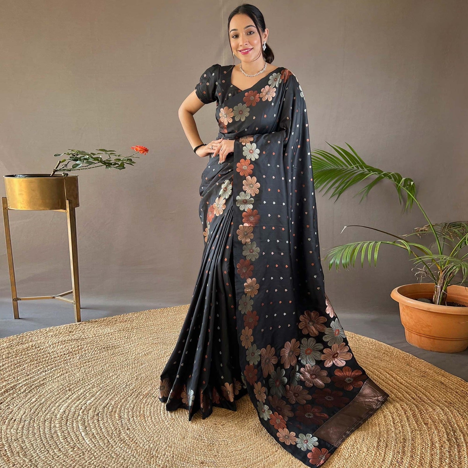 Palimpsest Black Soft Silk Saree With Radiant Blouse Piece