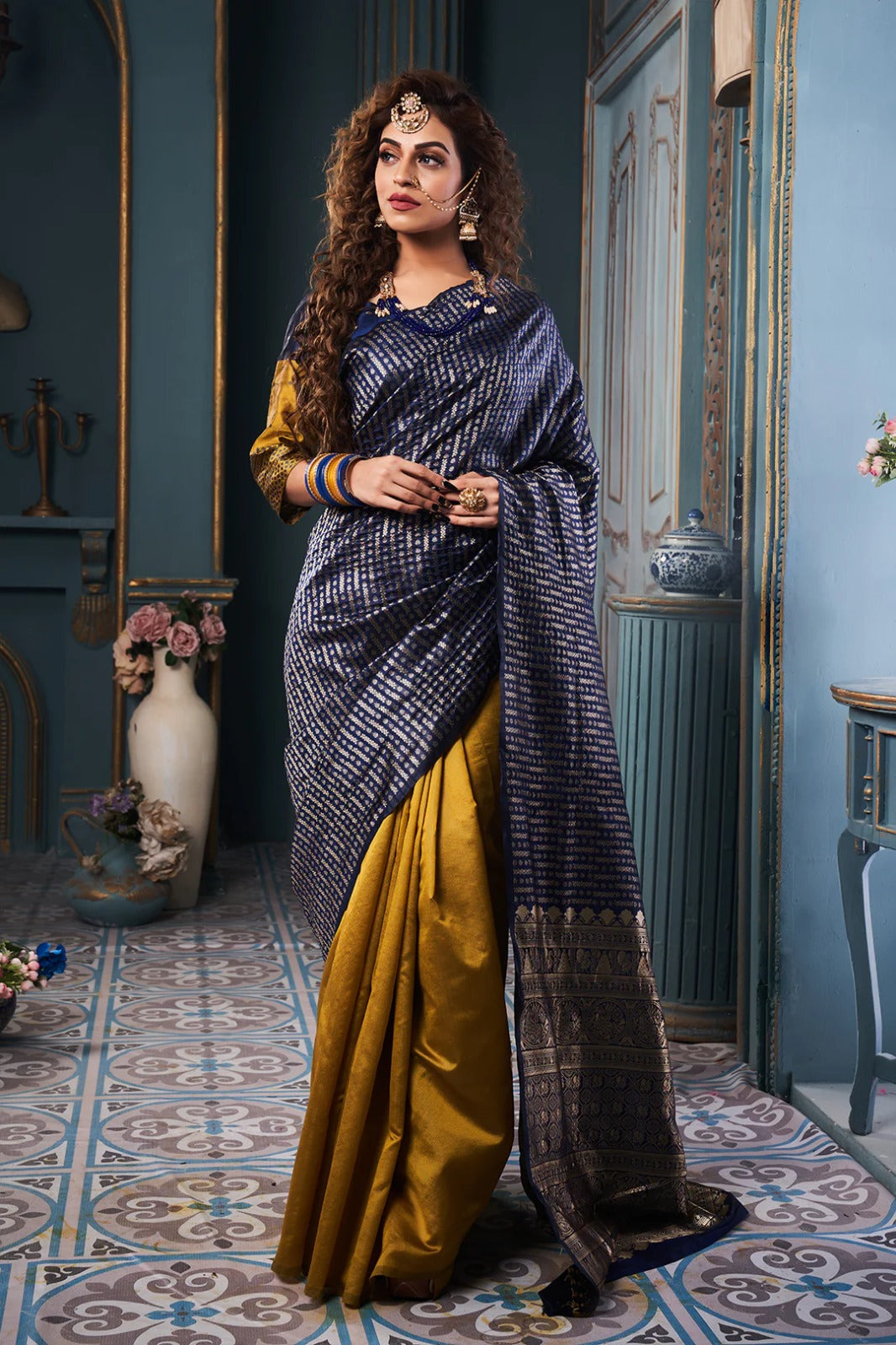 Majesty Blue And Mustered Soft Banarasi Silk Saree With Blouse Piece