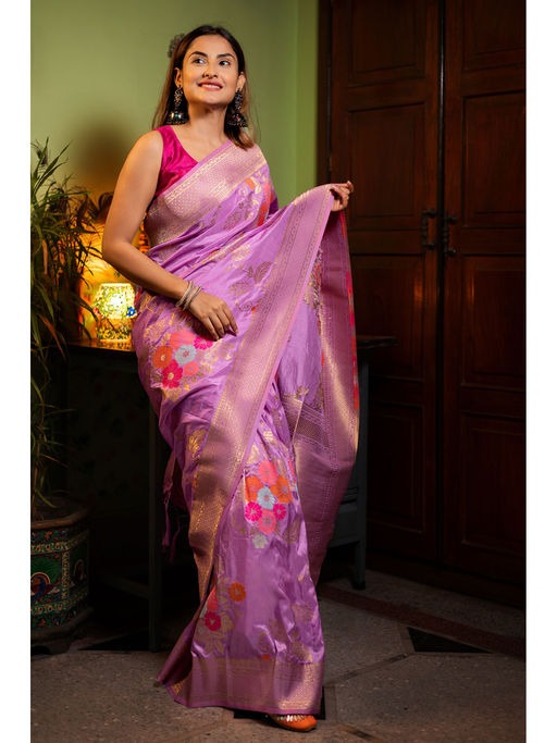 Flamboyant Lavender Soft Banarasi Silk Saree With Glowing Blouse Piece