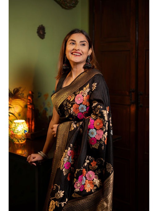 Demanding Black Soft Banarasi Silk Saree With Elaborate Blouse Piece