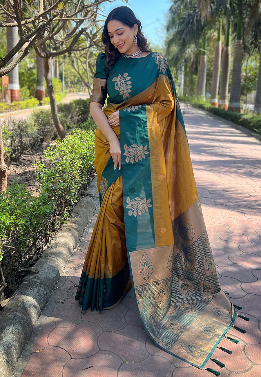 Demanding Mustered Soft Silk Saree With Flamboyant Blouse Piece