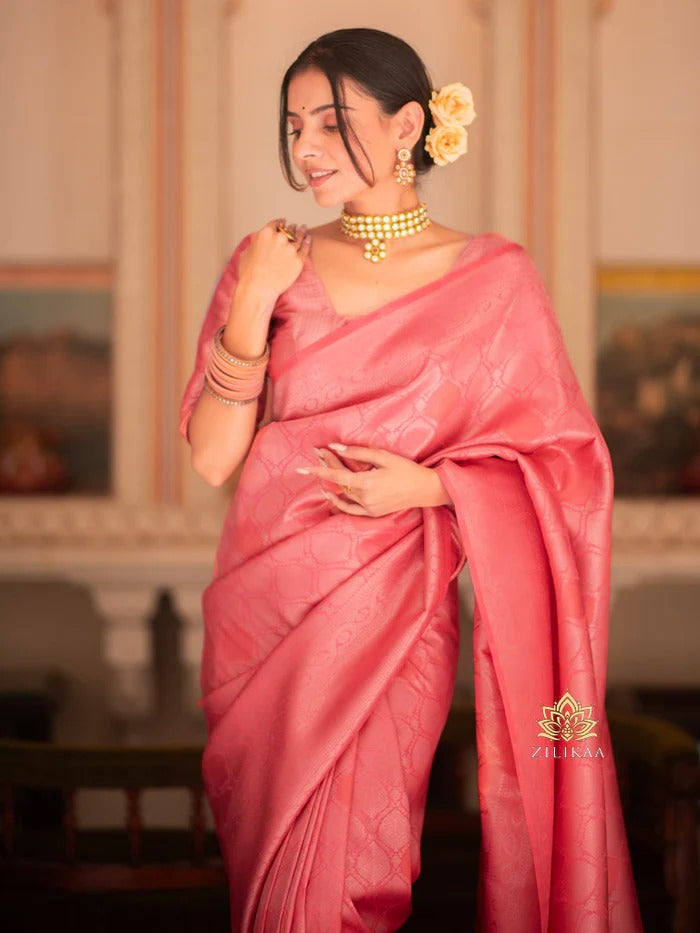 Engaging Pink Soft Silk Saree With Assemblage Blouse Piece