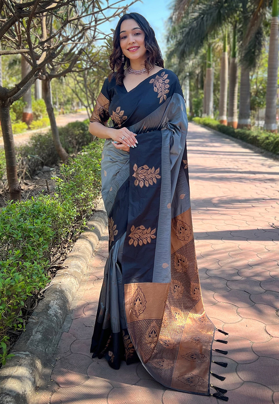 Lovely Grey Soft Silk Saree With Phenomenal Blouse Piece