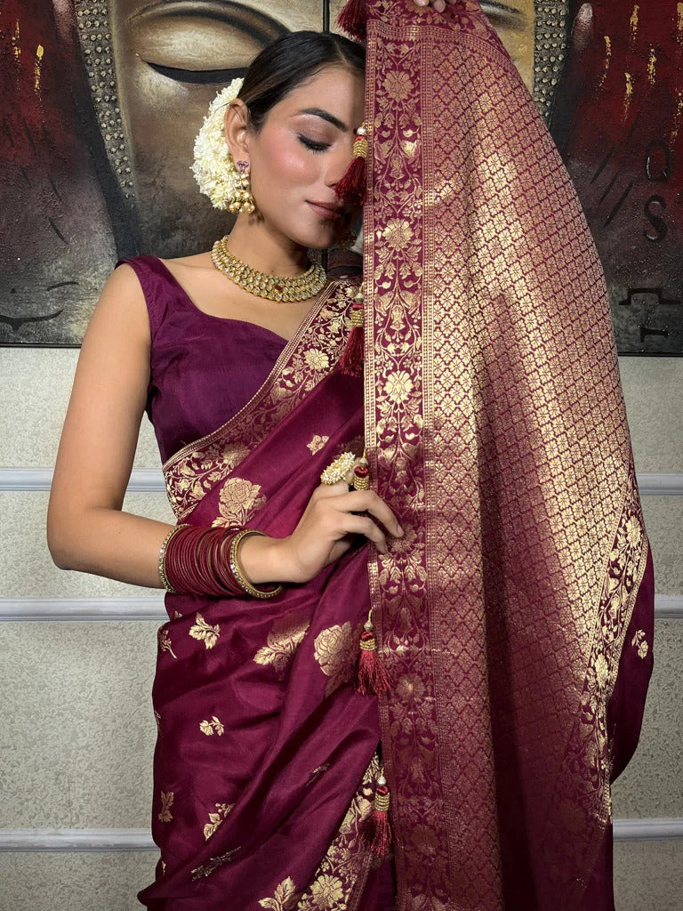 Gorgeous Wine Soft Silk Saree With Quintessential Blouse Piece