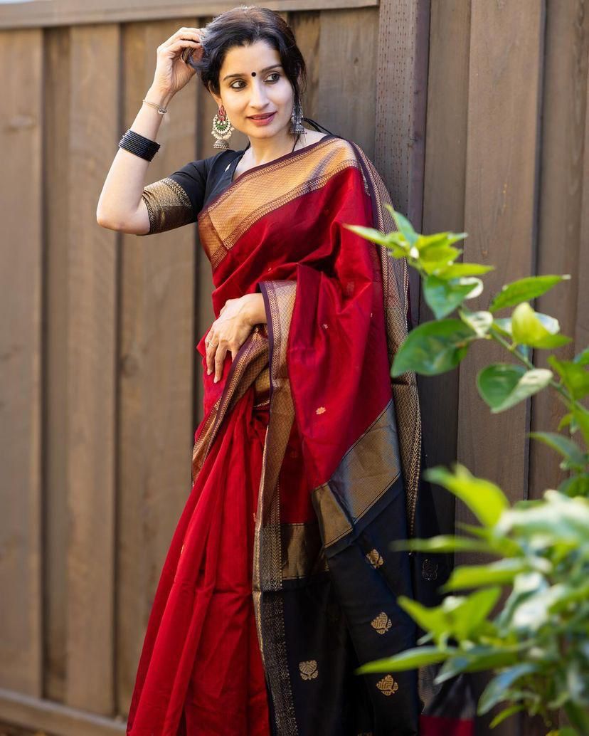 Conflate Red Cotton Silk Saree With Denouement Blouse Piece