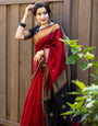 Conflate Red Cotton Silk Saree With Denouement Blouse Piece