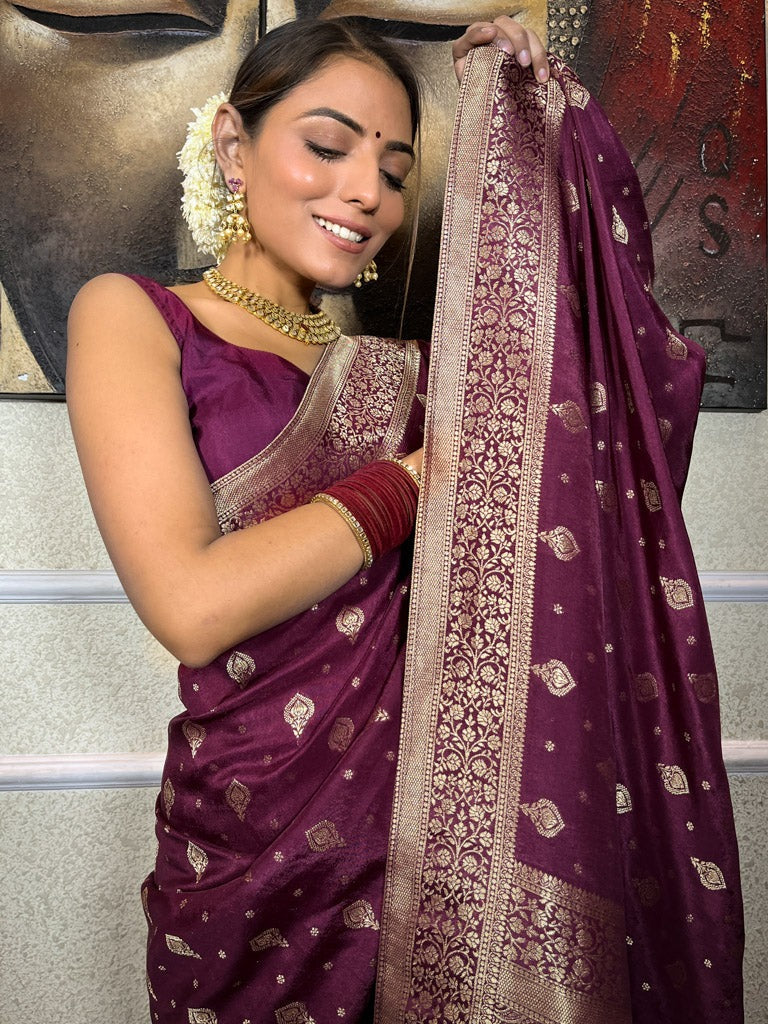 Demure Wine Soft Silk Saree With Elision Blouse Piece