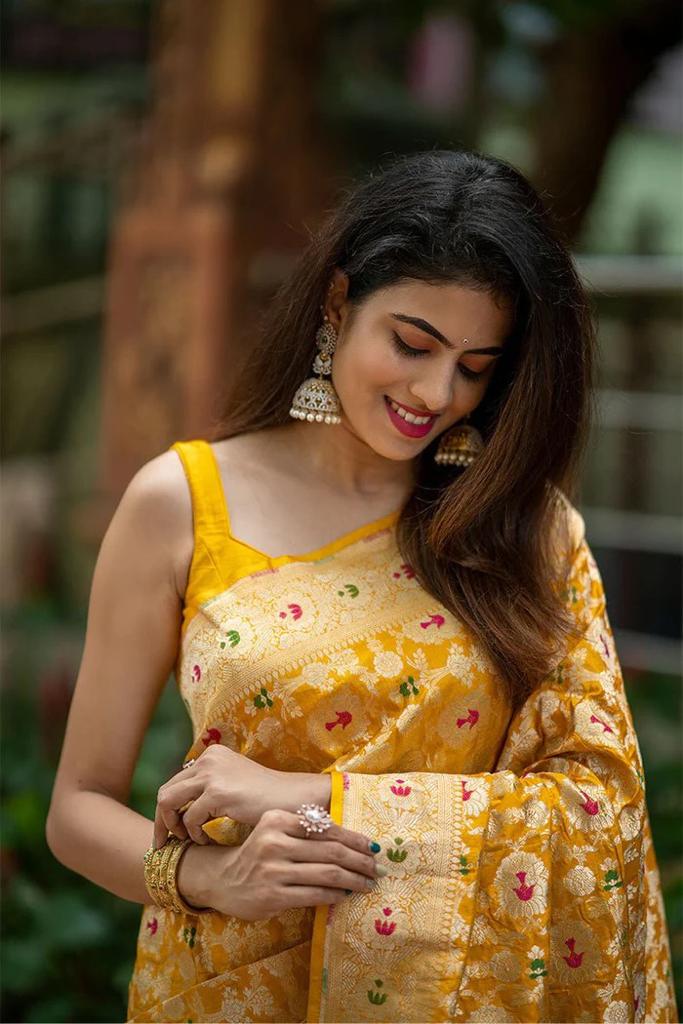 Gleaming Yellow Color Soft Silk Saree With Blouse Piece