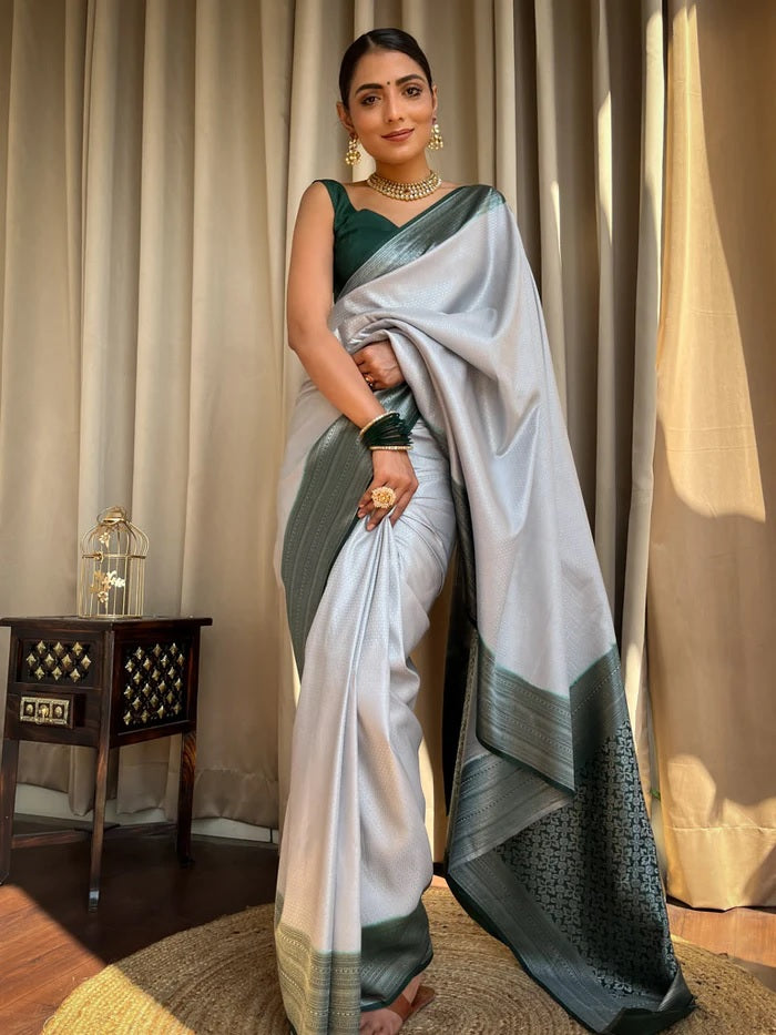 Unique Grey Soft Silk Saree With Bucolic Blouse Piece