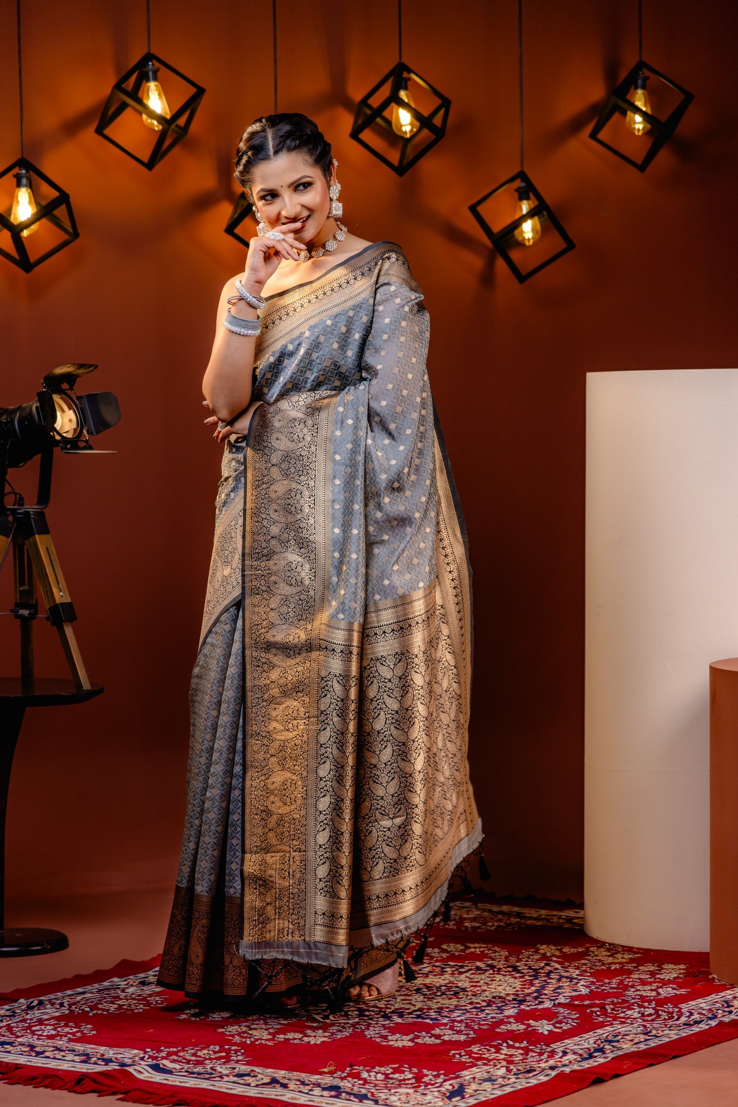 Innovative Grey Soft Banarasi Silk Saree With Wonderful Blouse Piece