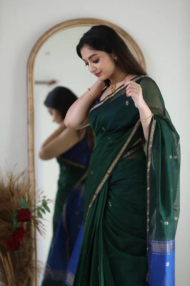 Radiant Green Cotton Silk Saree With Scintilla Blouse Piece