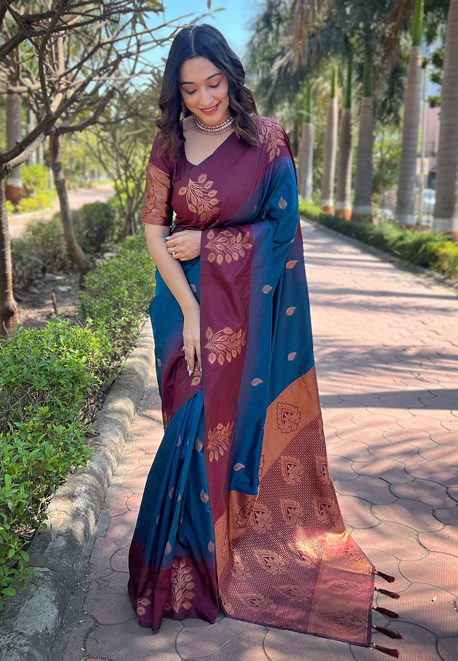 Glowing Blue Soft Silk Saree With Improbable Blouse Piece