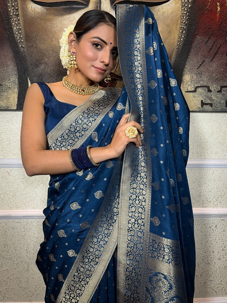 Twirling Blue Soft Silk Saree With Ailurophile Blouse Piece