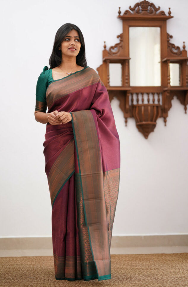 Scrumptious Maroon Soft Banarasi Silk Saree With Blouse Piece