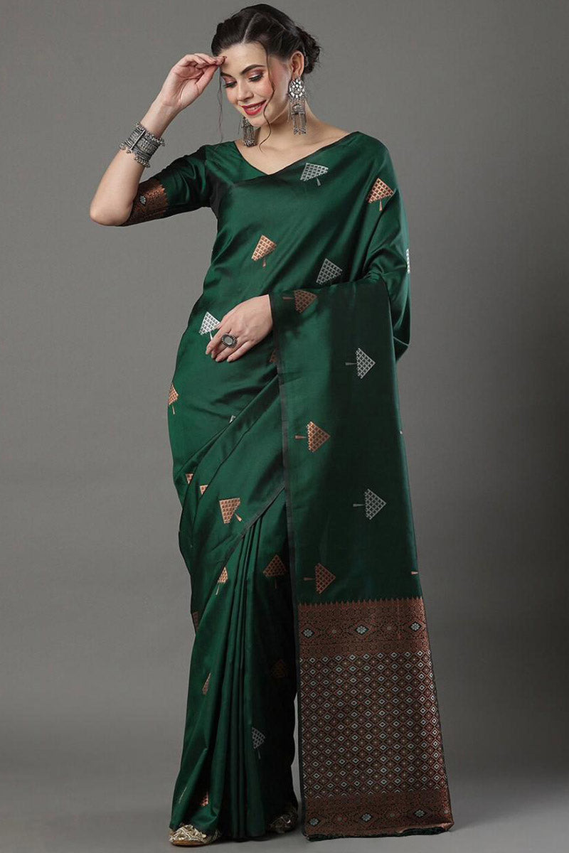 Dazzling Green Soft Silk Saree With Ebullience Blouse Piece