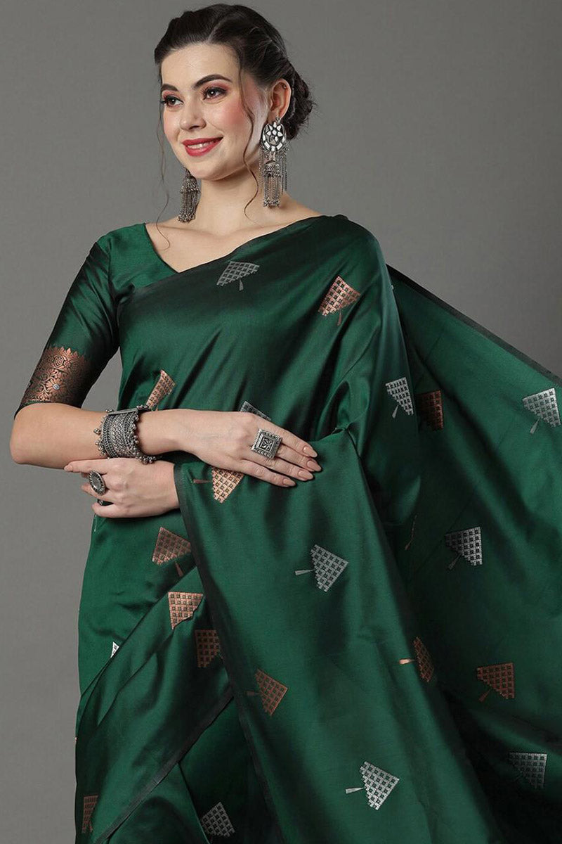 Dazzling Green Soft Silk Saree With Ebullience Blouse Piece