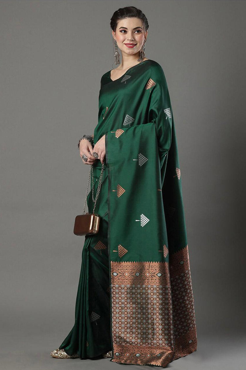 Dazzling Green Soft Silk Saree With Ebullience Blouse Piece