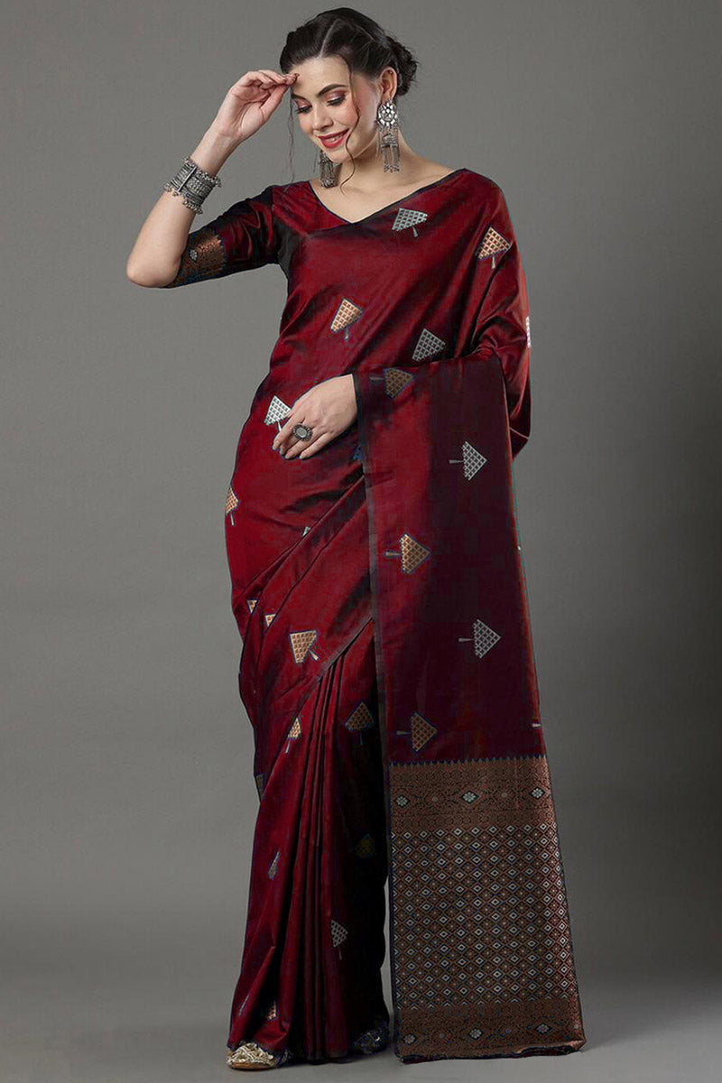 Fancifull Maroon Soft Silk Saree With Gleaming Blouse Piece