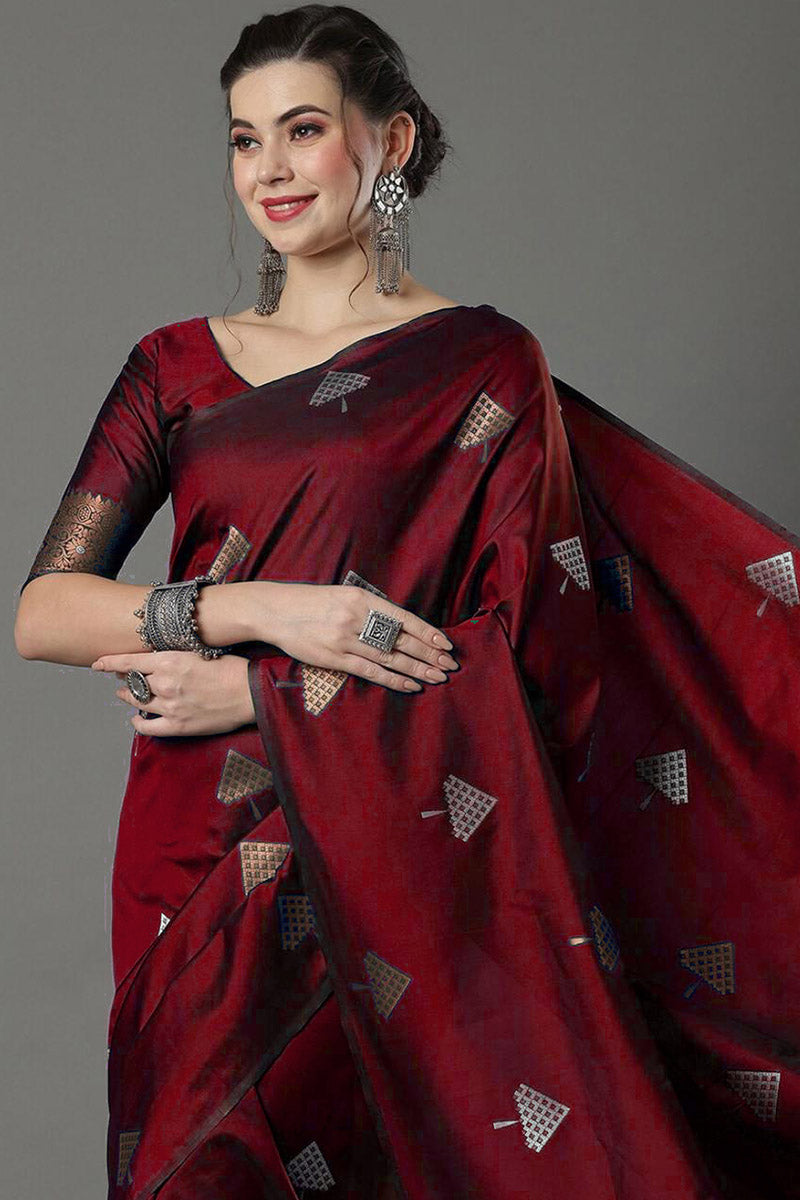 Fancifull Maroon Soft Silk Saree With Gleaming Blouse Piece