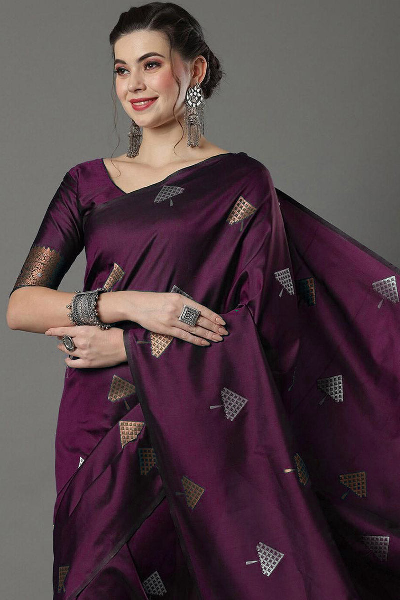 Lassitude Wine Soft Silk Saree With Magnific Blouse Piece