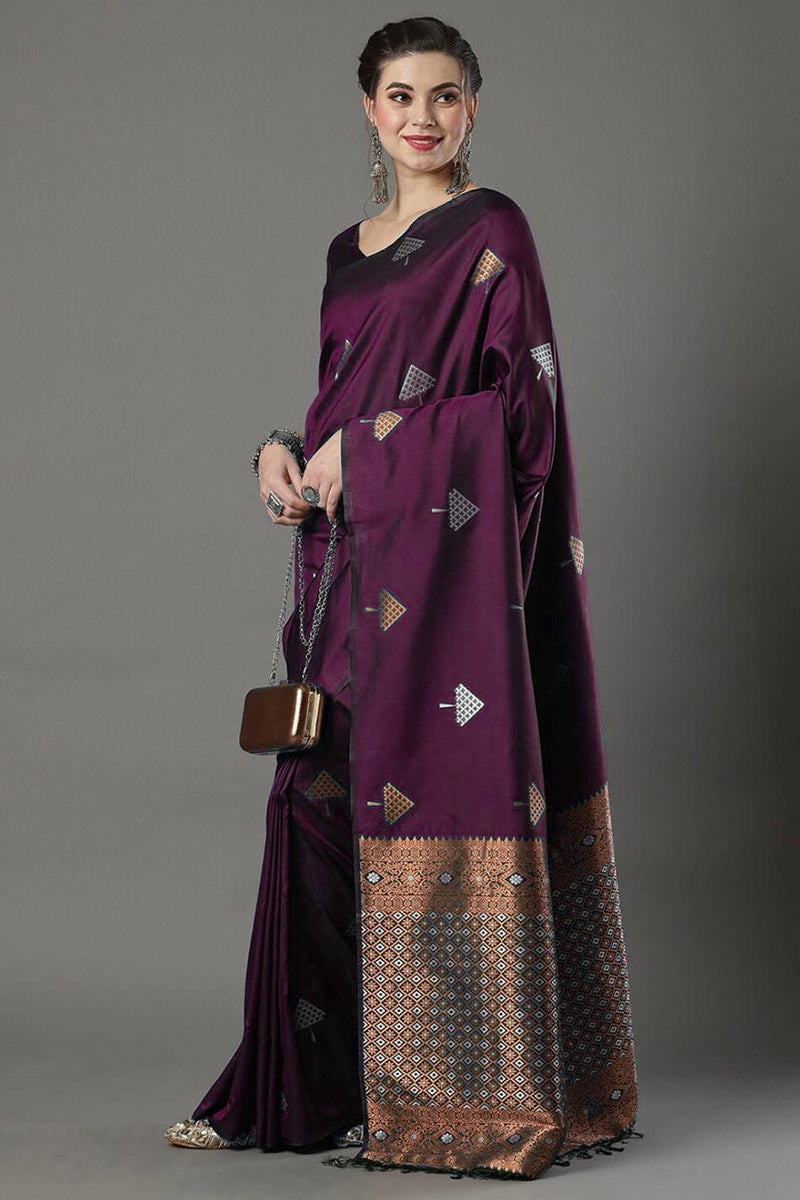 Lassitude Wine Soft Silk Saree With Magnific Blouse Piece