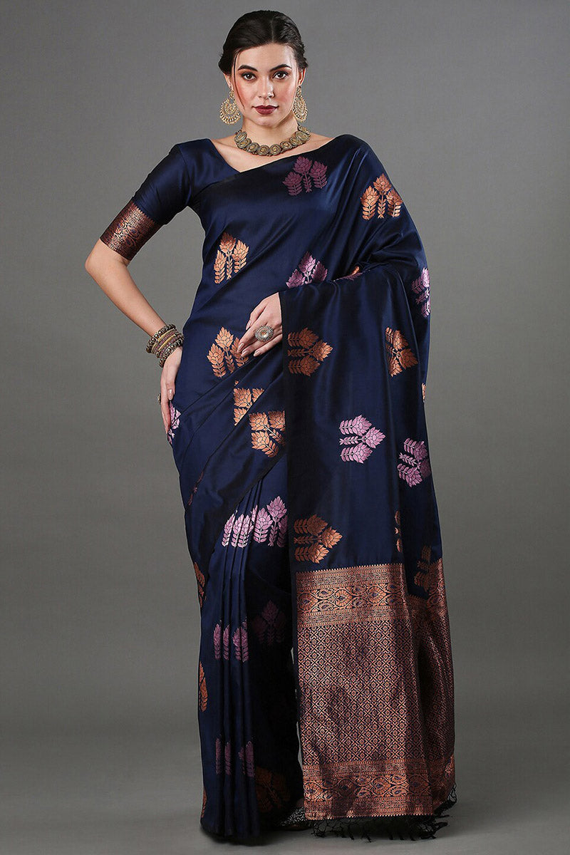 Panoply Navy Blue Soft Silk Saree With Ratatouille Blouse Piece