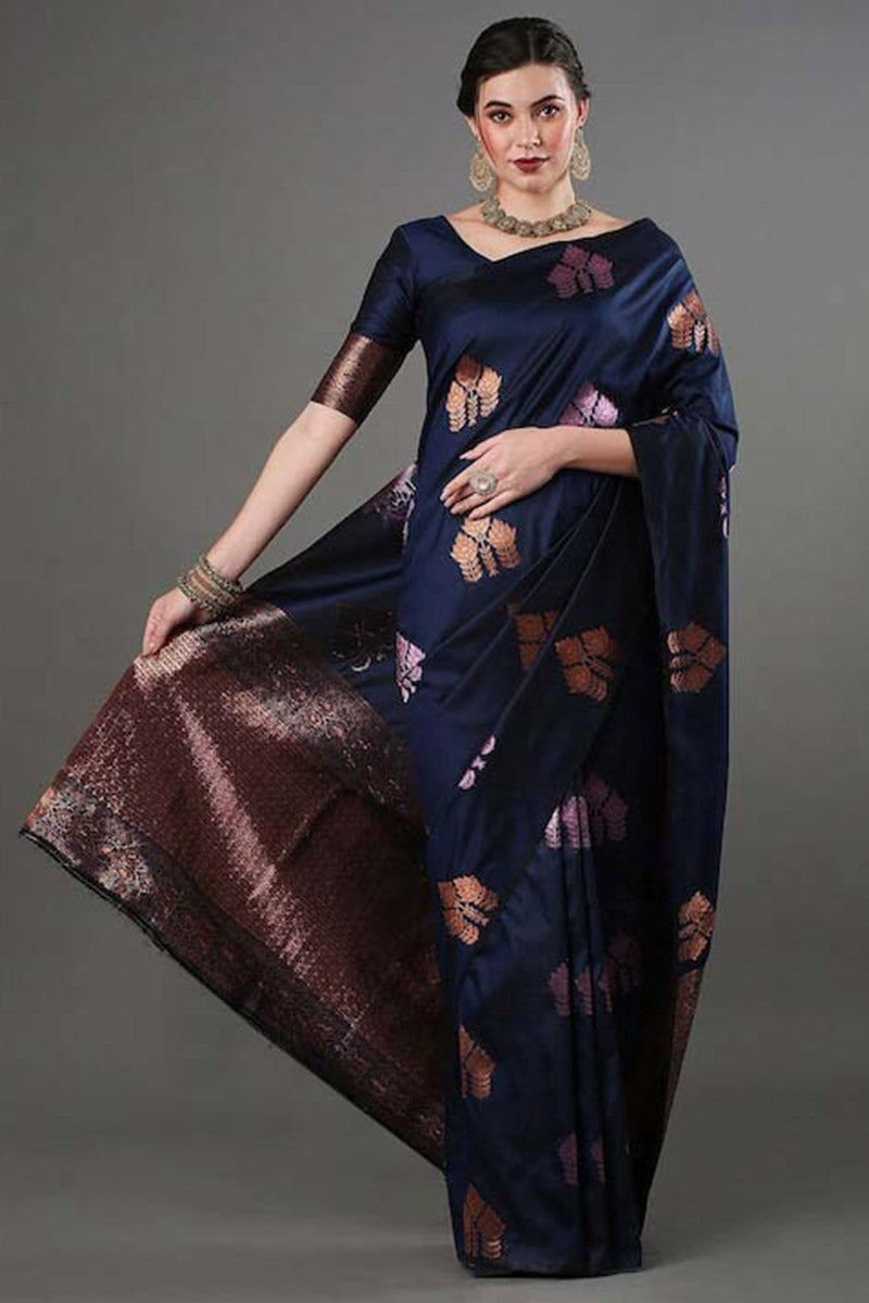 Panoply Navy Blue Soft Silk Saree With Ratatouille Blouse Piece