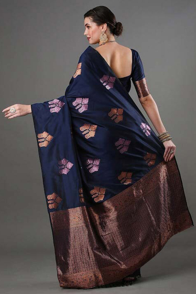 Panoply Navy Blue Soft Silk Saree With Ratatouille Blouse Piece