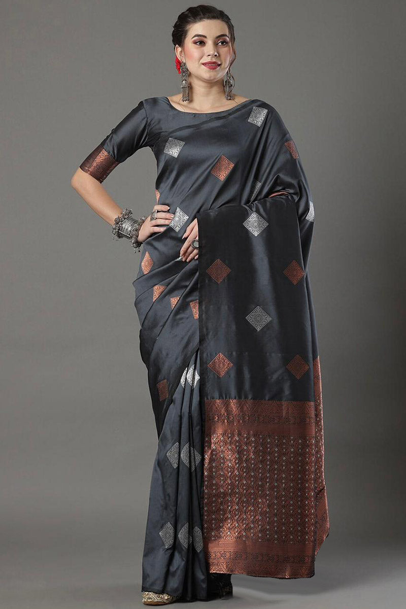 Scrumptious Black Soft Silk Saree With Traditional Blouse Piece