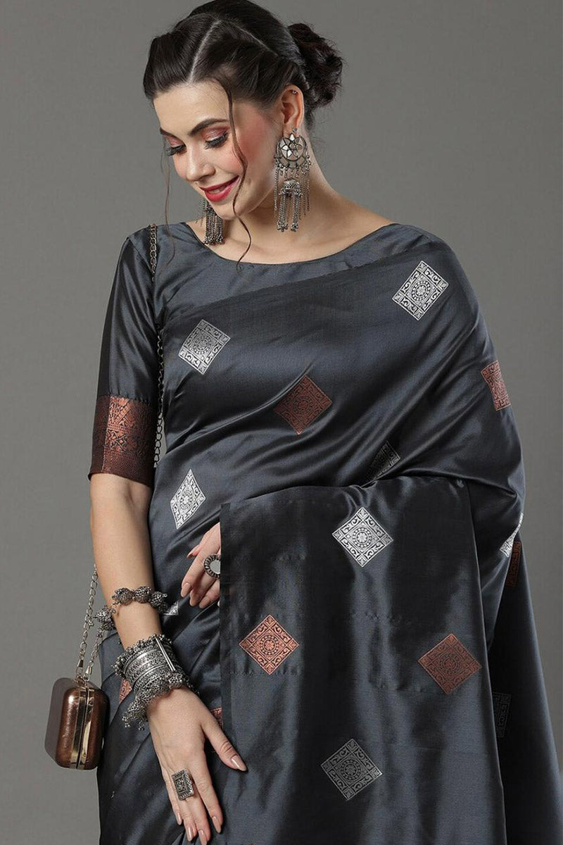 Scrumptious Black Soft Silk Saree With Traditional Blouse Piece