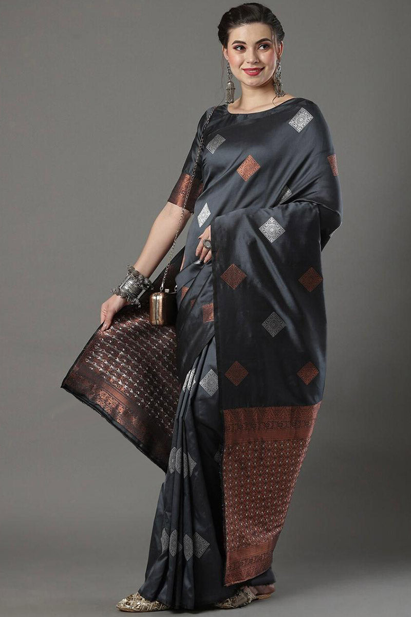 Scrumptious Black Soft Silk Saree With Traditional Blouse Piece