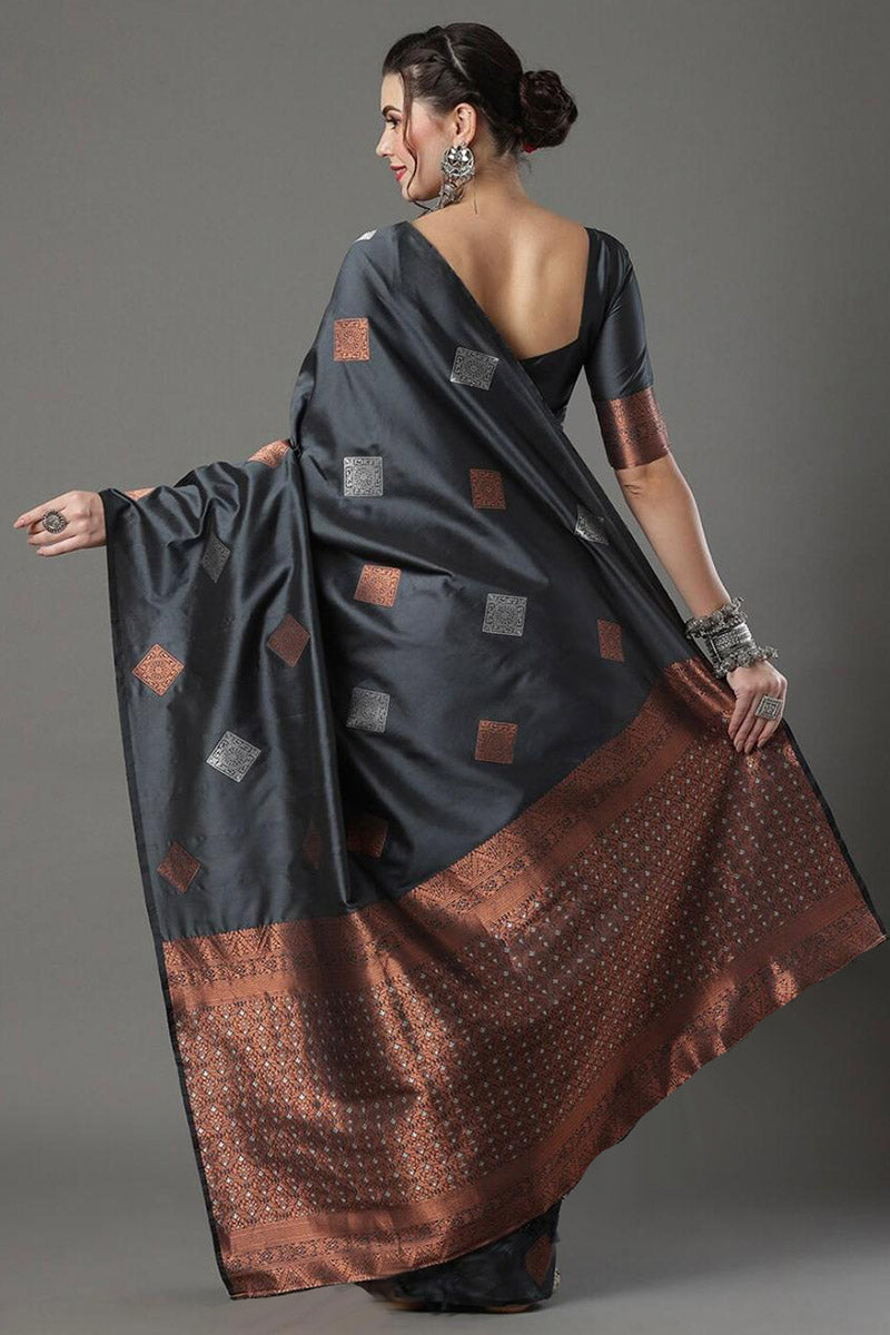 Scrumptious Black Soft Silk Saree With Traditional Blouse Piece