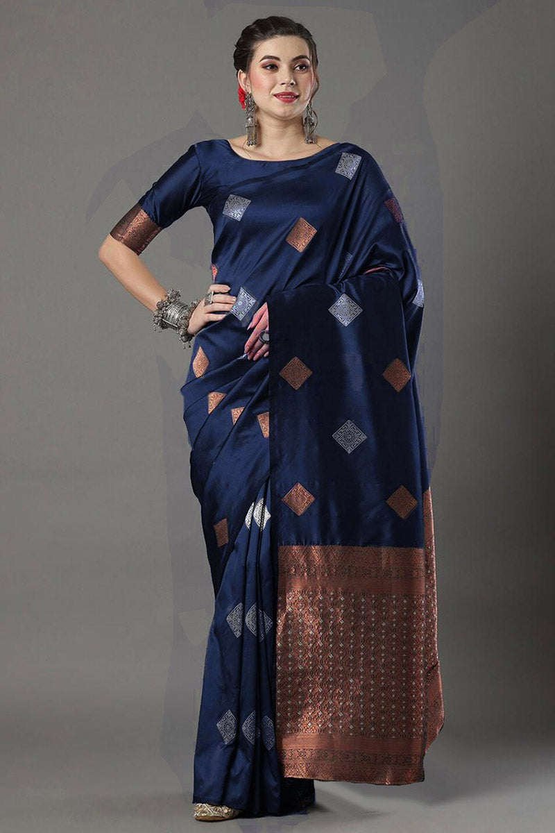 Admirable Navy Blue Soft Silk Saree With Beleaguer Blouse Piece