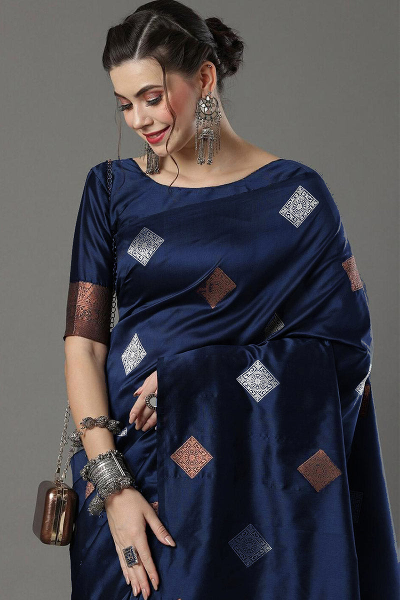 Admirable Navy Blue Soft Silk Saree With Beleaguer Blouse Piece