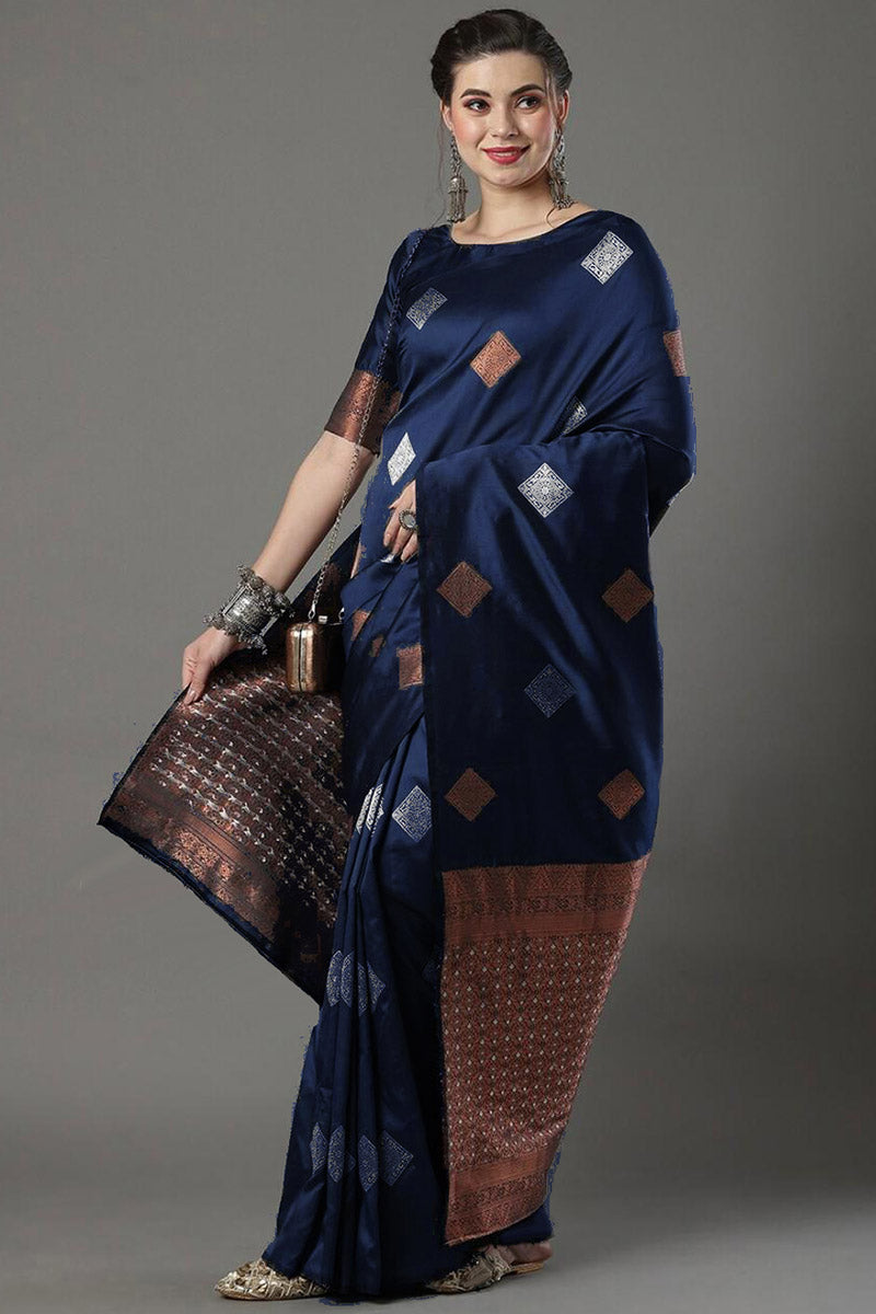 Admirable Navy Blue Soft Silk Saree With Beleaguer Blouse Piece