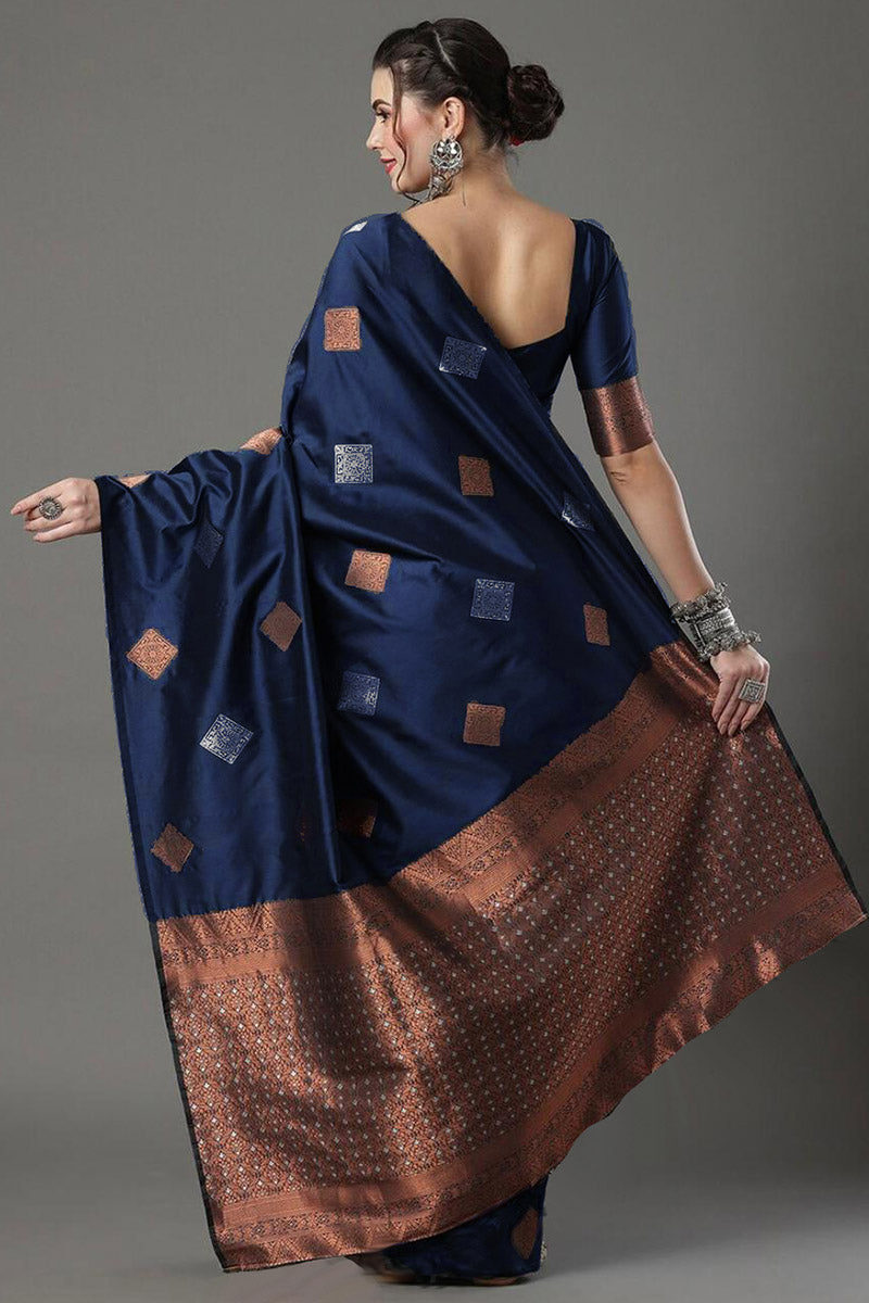 Admirable Navy Blue Soft Silk Saree With Beleaguer Blouse Piece