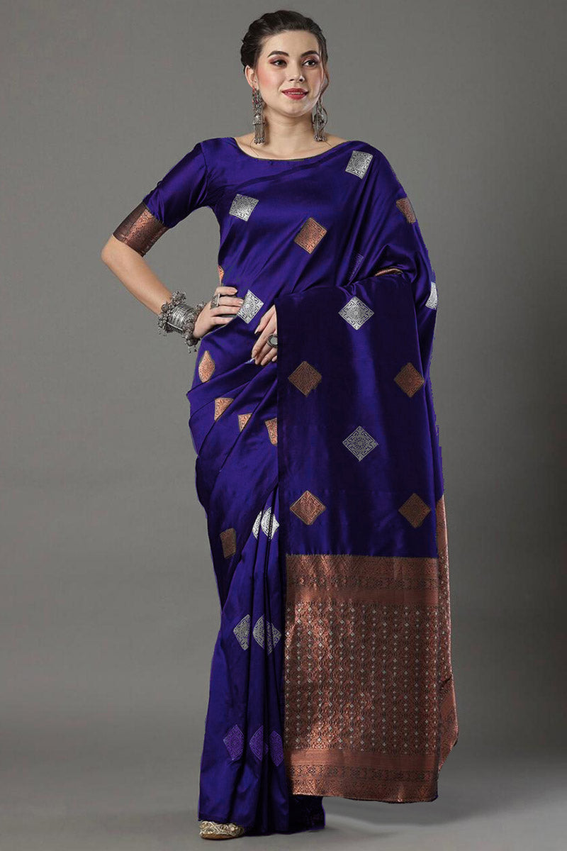 Charming Royal Blue Soft Silk Saree With Delectable Blouse Piece