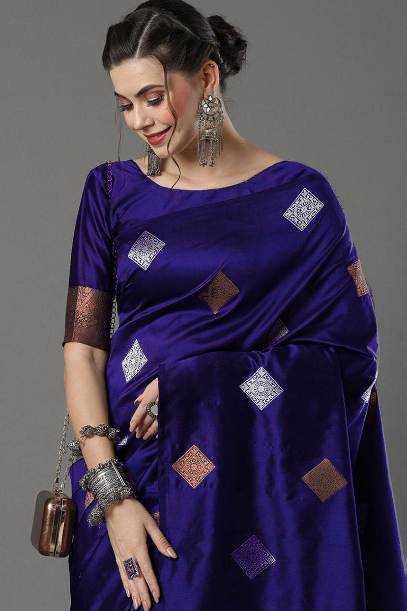 Charming Royal Blue Soft Silk Saree With Delectable Blouse Piece