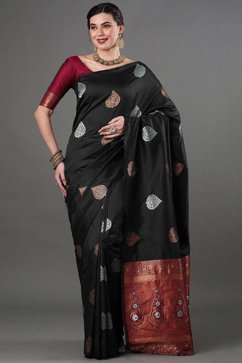 Glittering Black Soft Silk Saree With Opulent Blouse Piece