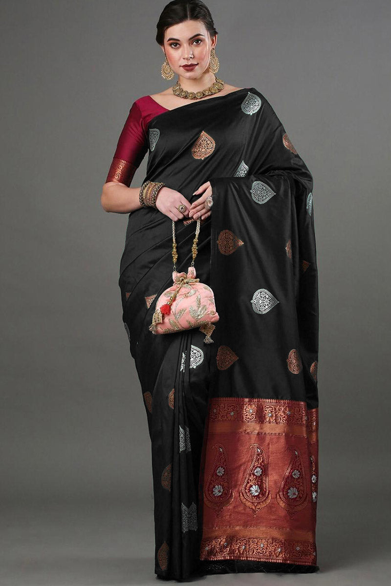 Glittering Black Soft Silk Saree With Opulent Blouse Piece