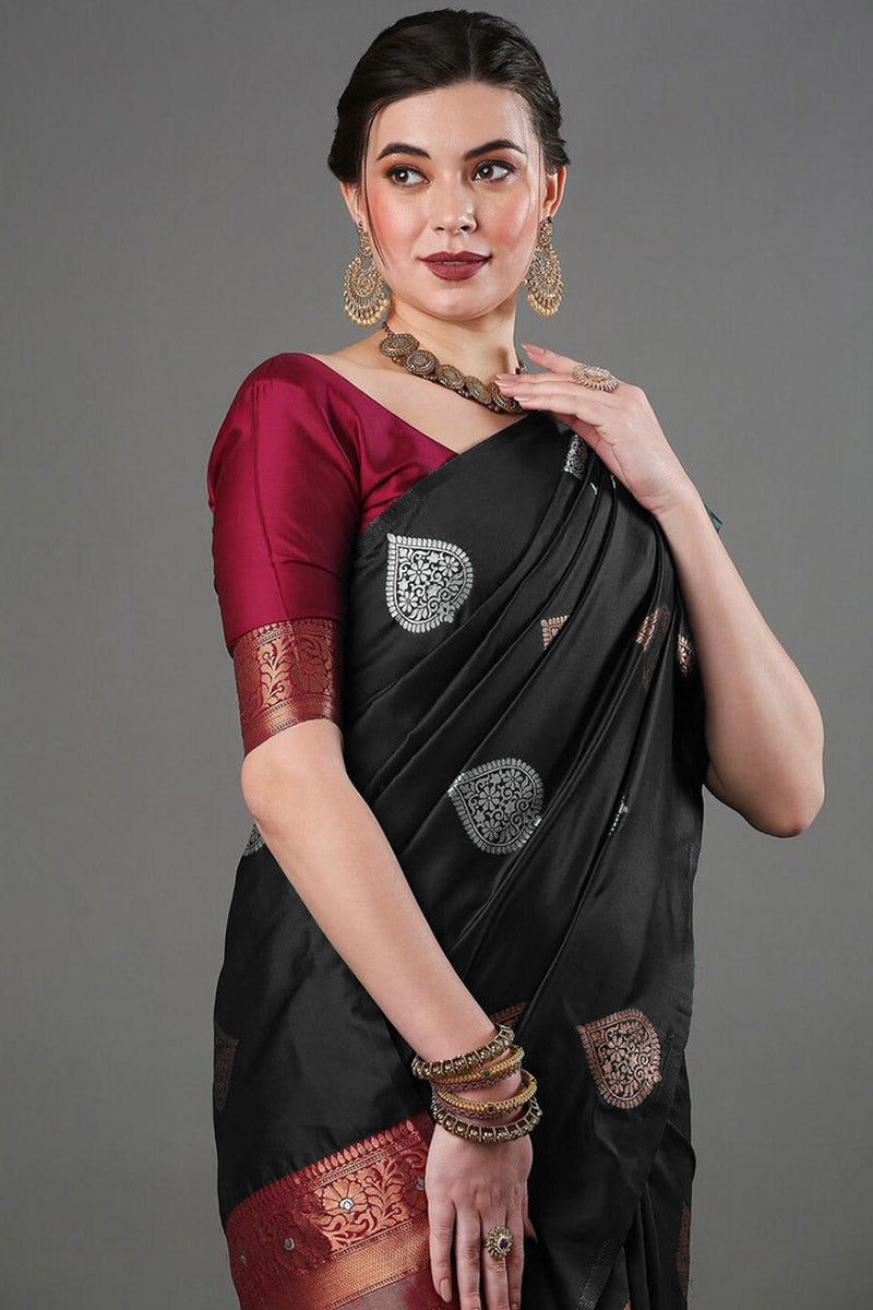 Glittering Black Soft Silk Saree With Opulent Blouse Piece